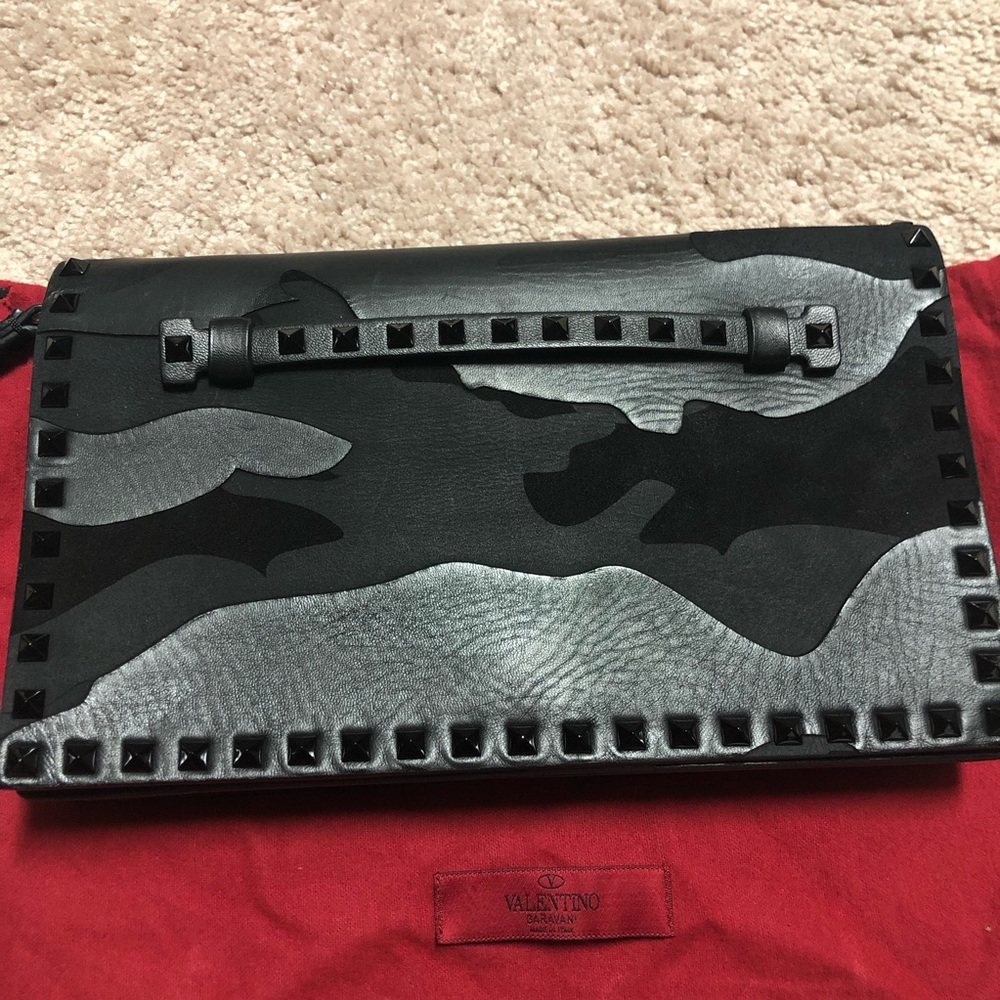 Authentic Valentino Rockstud Camo Clutch Black